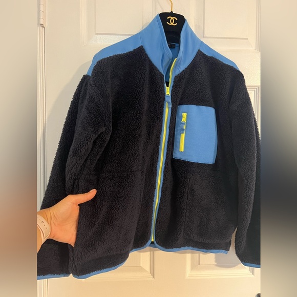 J. Crew Superplush sherpa full-zip jacket Size S color block Navy Blue Green - Picture 5 of 14